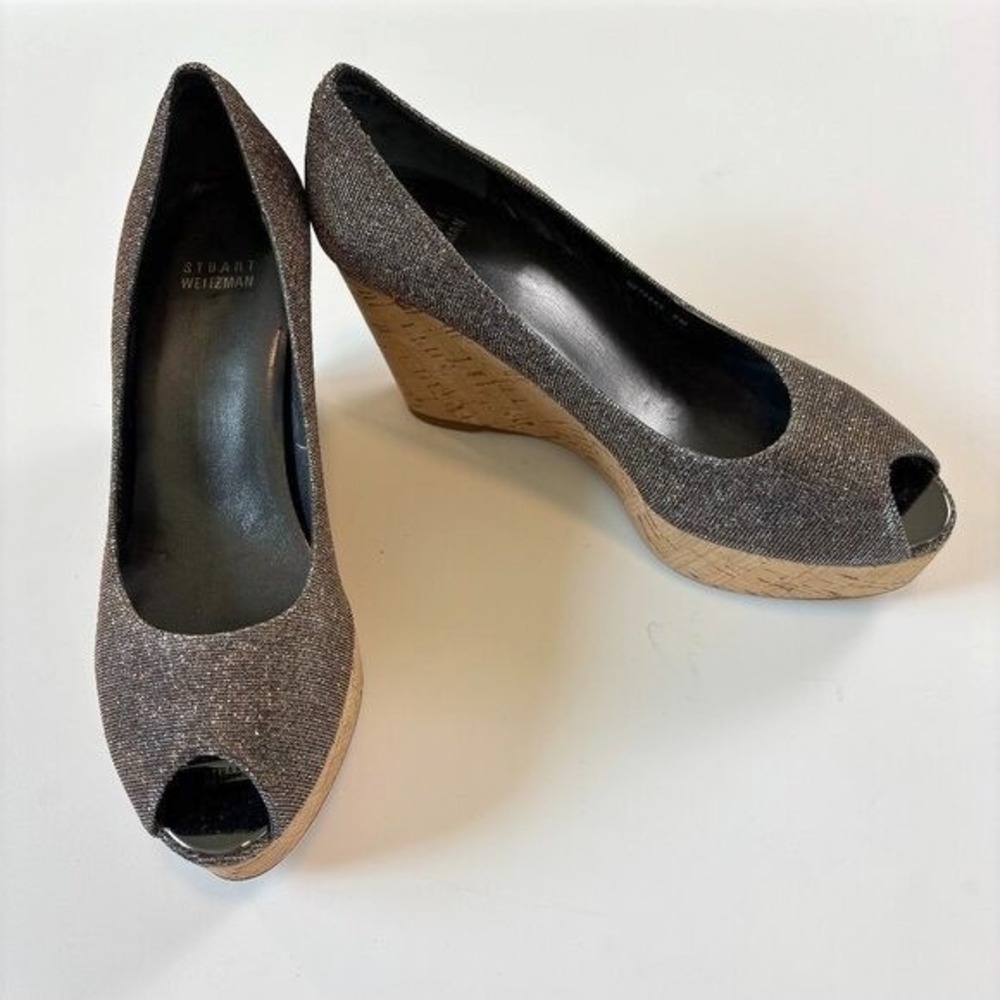 Stuart Weitzman Anna Corkswoon Glitter‎ Wedge Heel Peep Toe Pumps Size 9